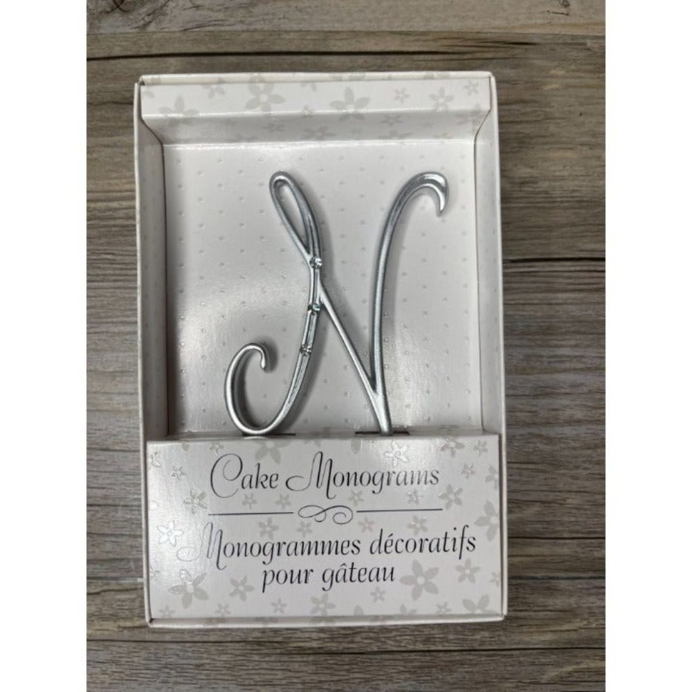 Wedding Small N Silver Finish Monogram Initial Rhinestones Cake Topper